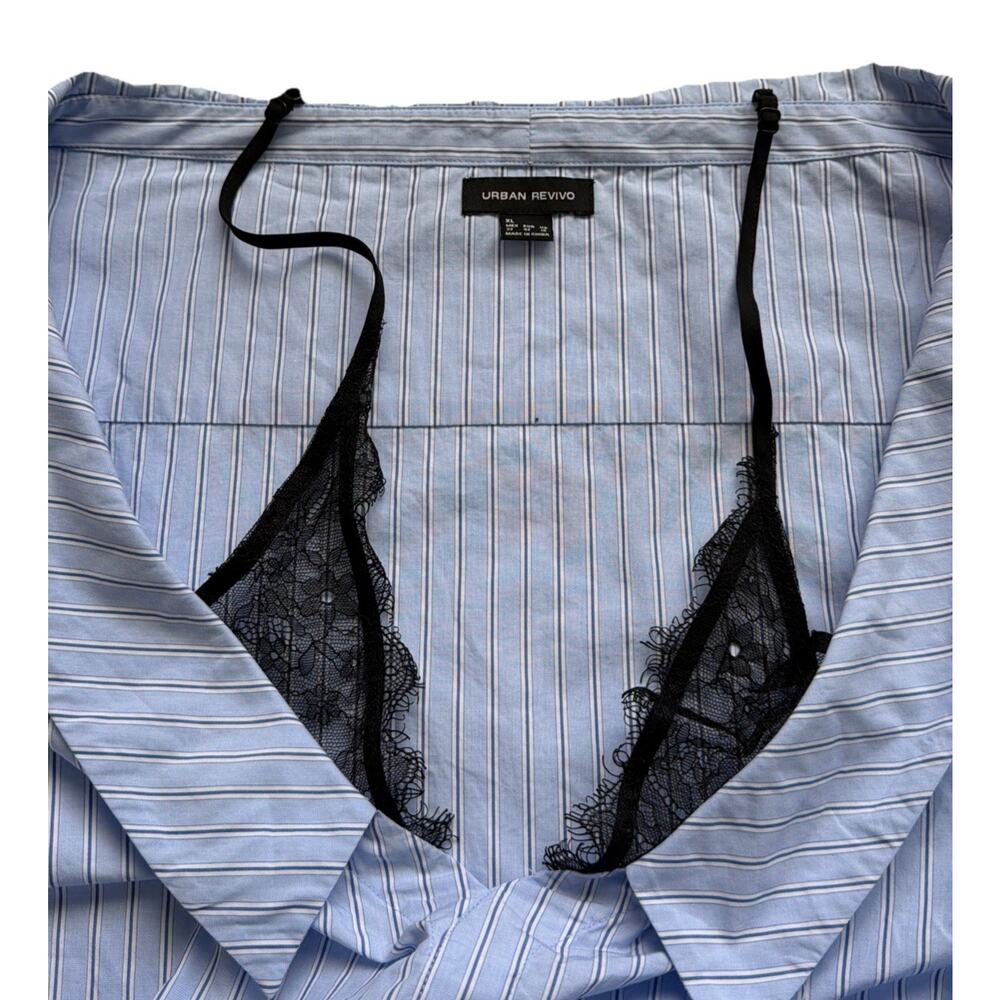 Urban Revivo Layered Shirt Size 10 Blue Pinstripe Black Lace Detail Off Shoulder - Picture 8 of 11